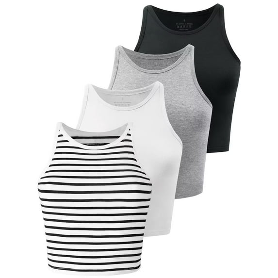 4 Pack Crop Tops for Women Workout Cropped Tank Top High Neck Camisole Yoga Shirts Athletic Undershirts Black White Grey Stripe M