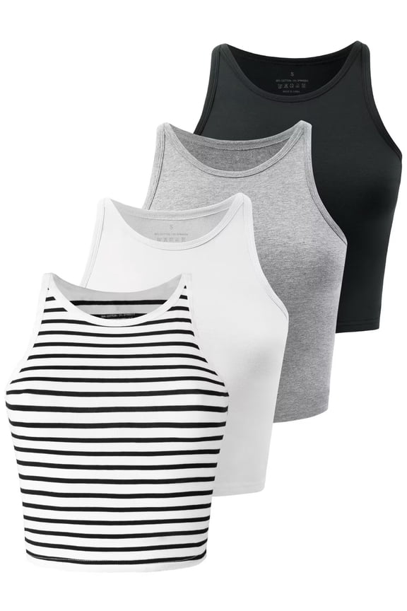 4 Pack Crop Tops for Women Workout Cropped Tank Top High Neck Camisole Yoga Shirts Athletic Undershirts Black White Grey Stripe XL