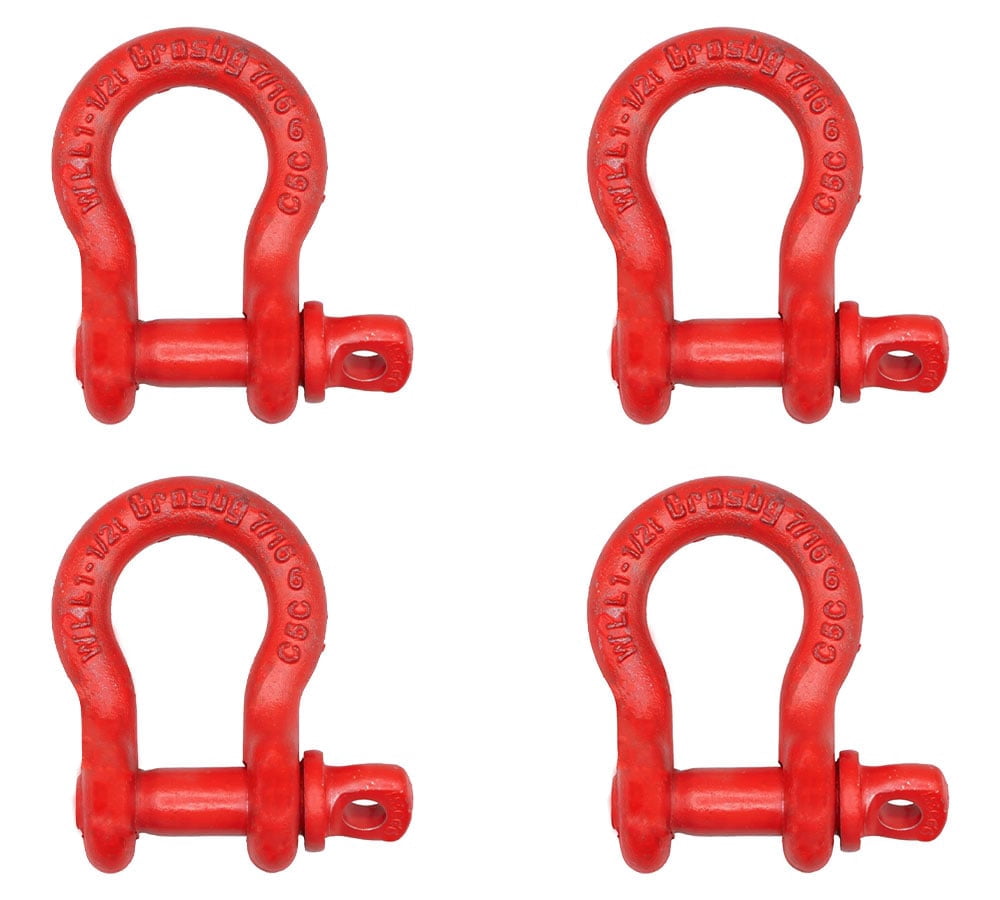 4 Pack Crosby S-209 7/16" Anchor Shackle Carbon Steel w/Alloy Screw Pin 3,300 lbs WLL, Red Painted Heavy Duty D Ring Shackle for Towing, Rigging & Vehicle Recovery, 1018446