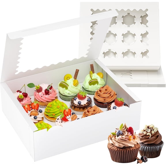 4 Pack Cupcake Boxes, Hold 12 Standard Cupcakes, Containers with Window and Inserts, High Grade Holder, for Birthday Holiday Party, Supplies Desserts More