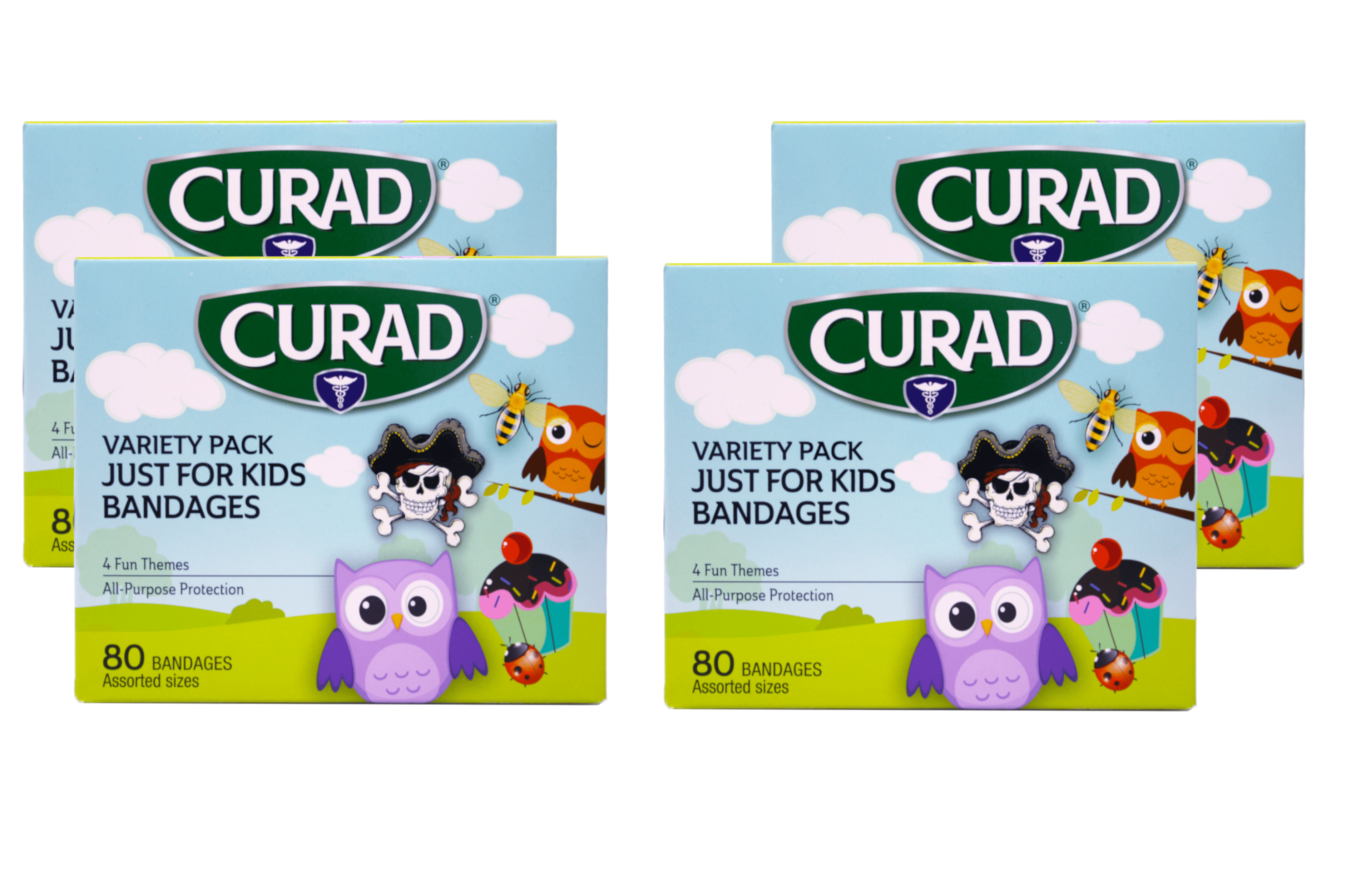 4 Pack - Curad Just for Kids Bandages, 4 Fun Themes, Colorful, All-Purpose Protection Plastic Bandages, 4-Sided Seal, Variety of Sizes, 80 Count