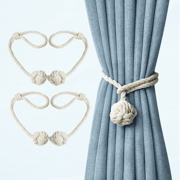 4 Pack Curtain Tiebacks, Natural Cotton Outdoor Curtain Tieback, Hand Woven Knot Ball Rope Holdbacks, Village Rustic Boho Decorative Drapes Window Drapery Pull Backs Ties Holders,2 Pair Beige