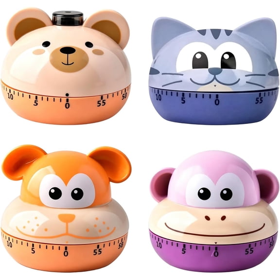 4 Pack Cute Animal Mechanical Kitchen Timer, 60Minute Manual WindUp Countdown Timer with Loud Alarm, Cartoon Bear Cat Tiger Monkey Decor Timer for Cooking Baking Fitness Study