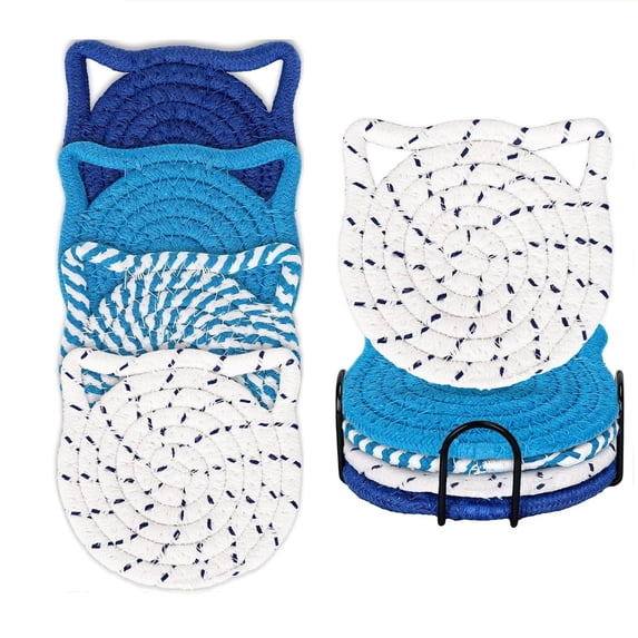 4-Pack Cute Cat-Shaped Cotton Rope Woven Coasters with Holder, Blue Absorbent Drink Mats, Non-Slip Table Protector Set for Coffee, Tea & Kitchen Decor