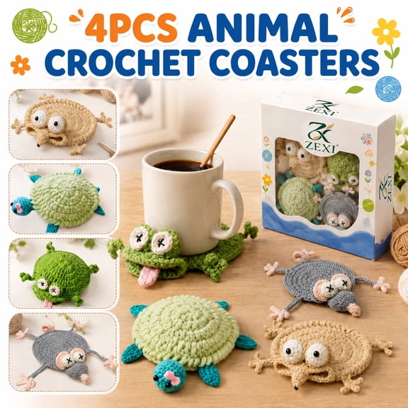 4 Pack Cute Crochet Animal Coasters 3D Funny Animal Mug Rug Drink Coaster for Coffee Cups Desk Table Home Decor Accessories