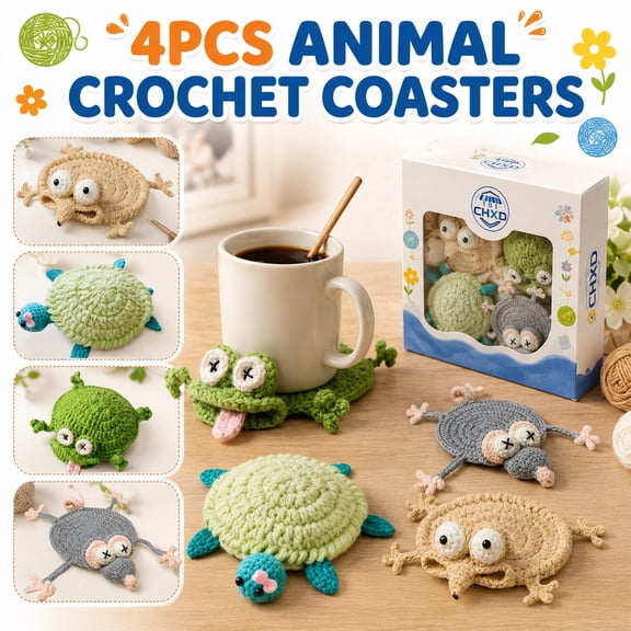4 Pack Cute Crochet Animal Coasters 3D Funny Animal Mug Rug Drink Coaster for Coffee Cups Desk Table Home Decor Accessories