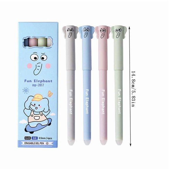 4 Pack Cute Fun Elephant Themed Thermal Erasable Gel Pens, 0.5mm Fine Tip 10ml Large Capacity Quick-Drying Smooth Writing Pen with Built-In Eraser for Daily Office Use