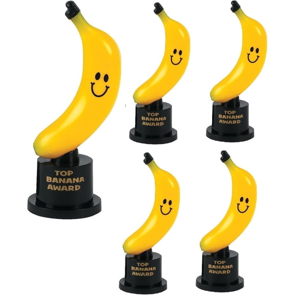 4 Pack- Cute Fun Top Banana Award Trophy (5 3/4") Plastic. Smiling Yellow Banana on Black Stand.