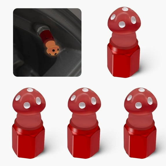4 Pack Cute Mushrooms tire Valve caps, Glow in The Mushrooms Tire Valve Caps, Interesting and Practical Tire Decoration, Can be Used for Cars, Motorcycles, Trucks, and Bicycles.(Red)