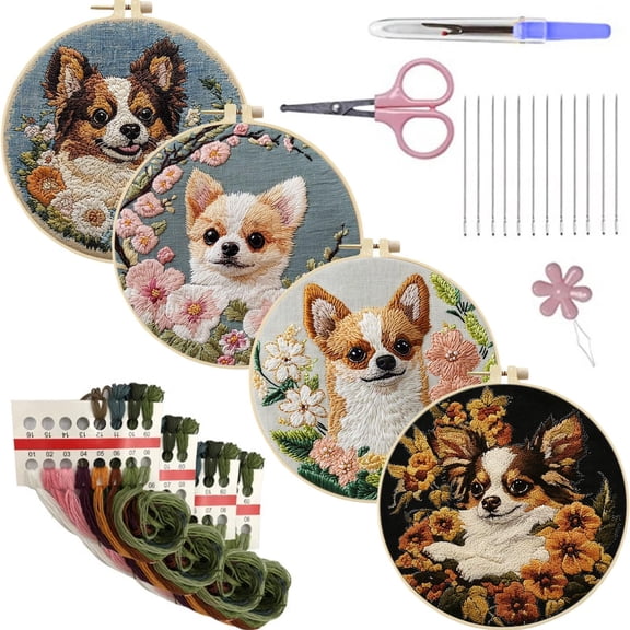 4 Pack Cute Patterns Embroidery Kit - Embroidery Set with Hoop, Needles, Threads & Instruction, 11.81x11.81 Inch Complete Needlework Craft