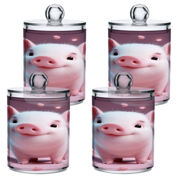 4 Pack Cute Pig and Petals Qtip Holder Dispenser Clear Plastic Storage Apothecary Jars for Cotton Swabs Balls Pads Floss