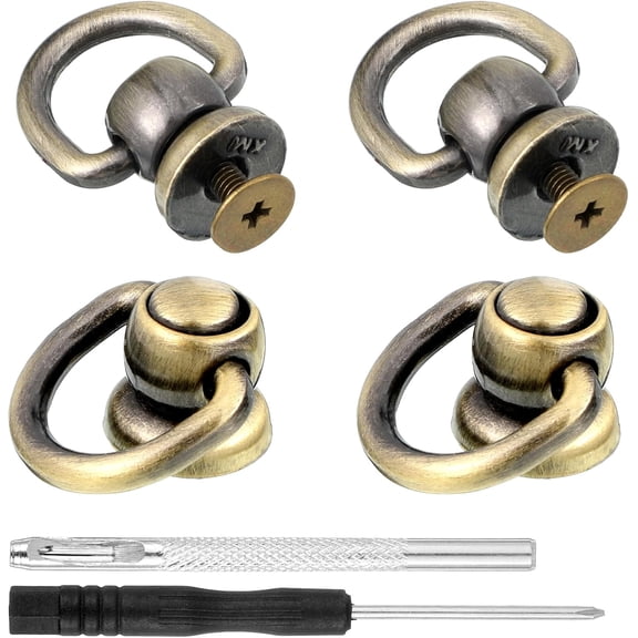 4 Pack D Rings for Purse Stud Screw Ball Studs, Antique Brass Rivets for Leather Metal D Ring Rotatable Purses Strap Hardware Button Stud Screw Kit for Repair Purses Dog Collar DIY Leathers Crafts