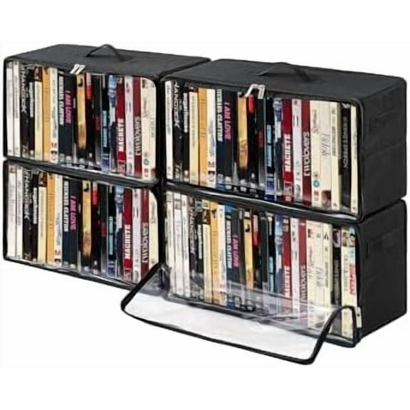 4-Pack DVD Storage Box, Stackable DVD Case Holder Organizer with Front Zippered Clear Window, CD Holder for CD, Blu-ray, VHS, Video Games, and Movie Collection, Holds 100+ Cases