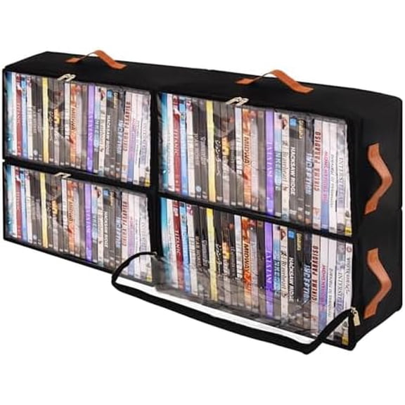 4 Pack DVD Storage Box, Stackable Oxford Fabric DVD Cases Holder with Front Zippered Clear Window and Handles, 15.7 x 7.9 x 6.1 In, Foldable DVD Organizer Rack, Holds Up to 100 DVDs (25 Each)