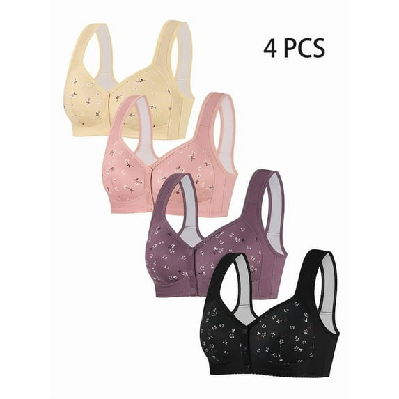 4 Pack Daisy Bras For Older Women Plus Size No Underwire Full Coverage Breathable Cotton Bra Front Closure Padded Bralettes