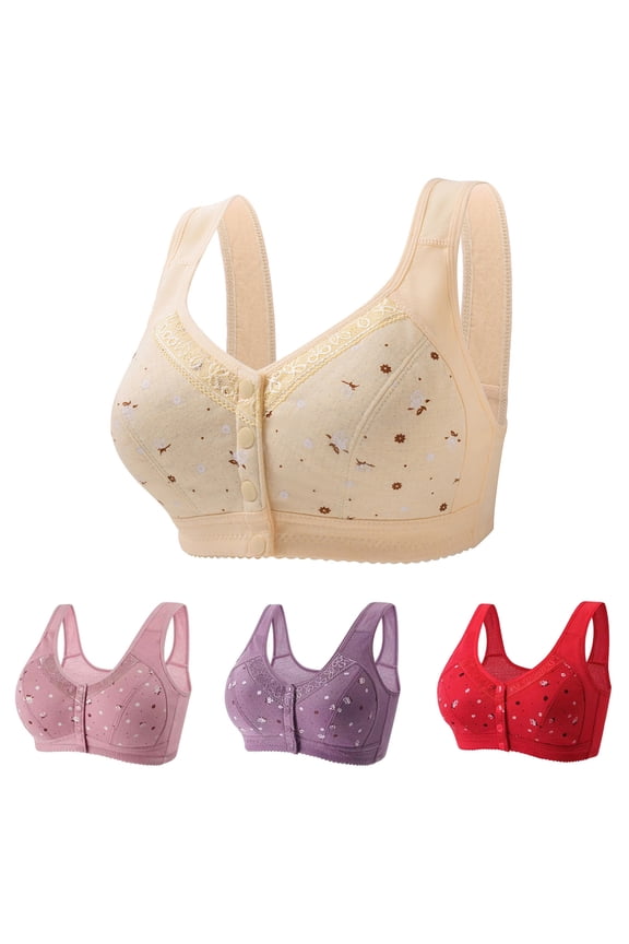 4 Pack Daisy Bras for Older Women, 2024 Comfortable Convenient Front Close Button Cotton Bras for Older Women No Wire, Buckle Bra