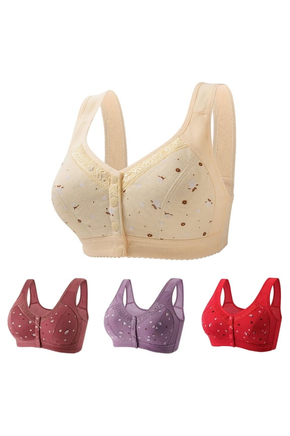 4 Pack Daisy Bras for Older Women, 2024 Comfortable Convenient Front Close Button Cotton Bras for Older Women No Wire, Buckle Bra