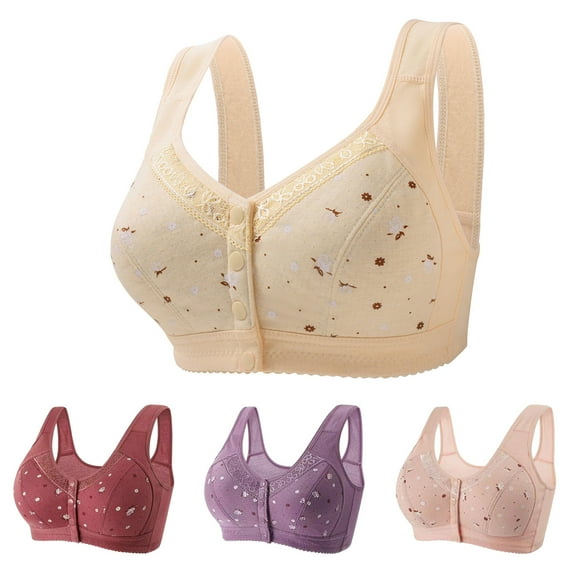 4 Pack Daisy Bras for Older Women, 2024 Comfortable Convenient Front Close Button Cotton Bras for Older Women No Wire, Buckle Bra
