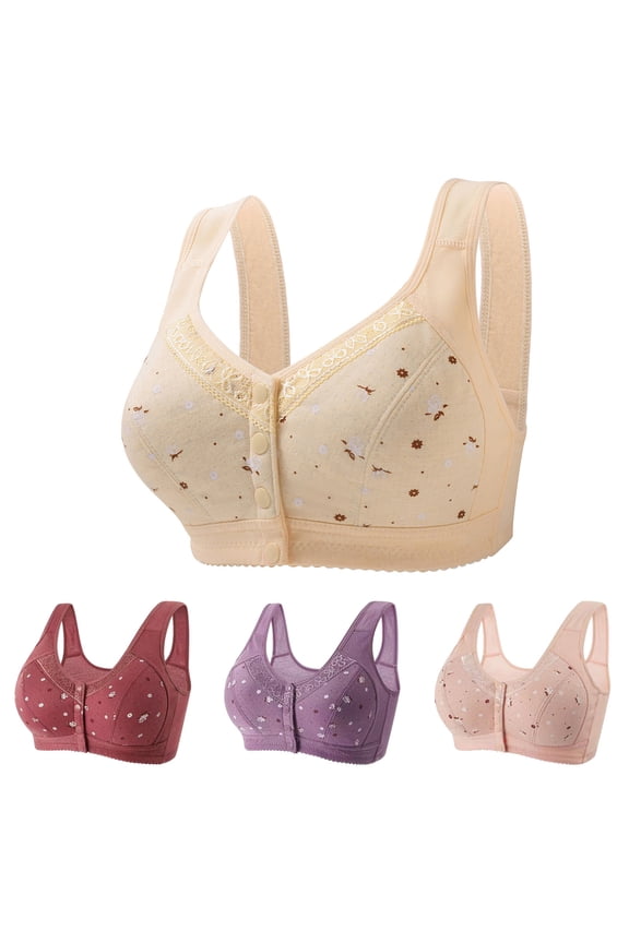 4 Pack Daisy Bras for Older Women, 2024 Comfortable Convenient Front Close Button Cotton Bras for Older Women No Wire, Buckle Bra