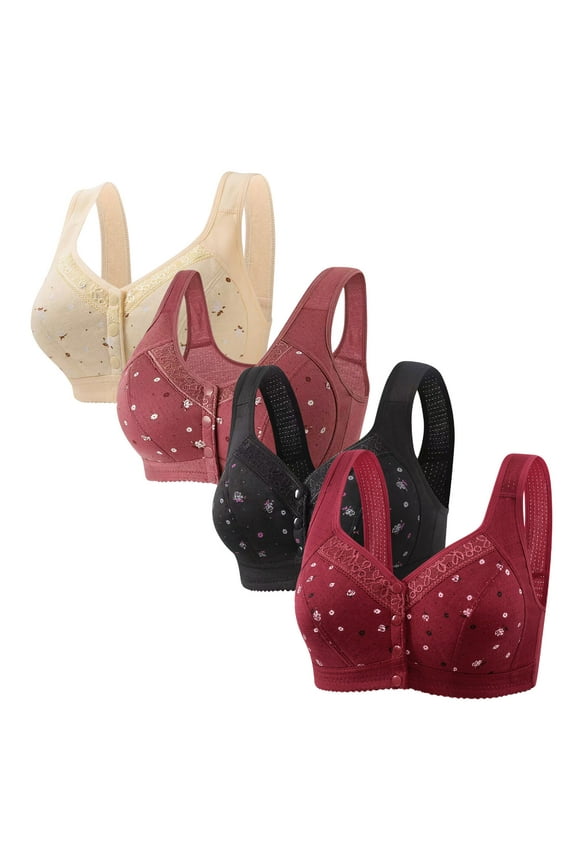 4 Pack Daisy Bras for Older Women 2025 Comfy Convenient Front Closure Bras Full Support Wireless Bras