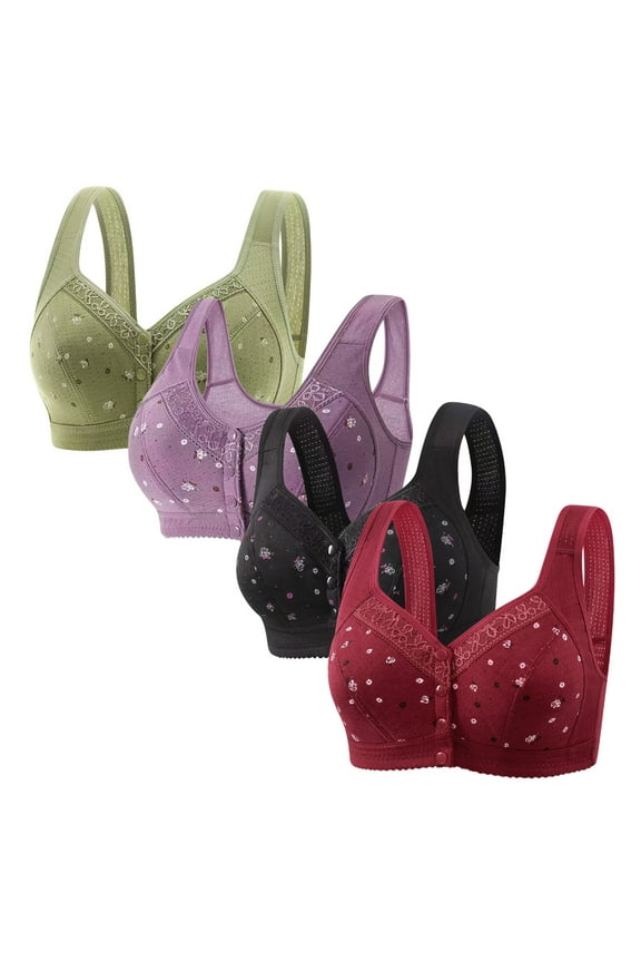 4 Pack Daisy Bras for Older Women 2025 Comfy Convenient Front Closure Bras Full Support Wireless Bras