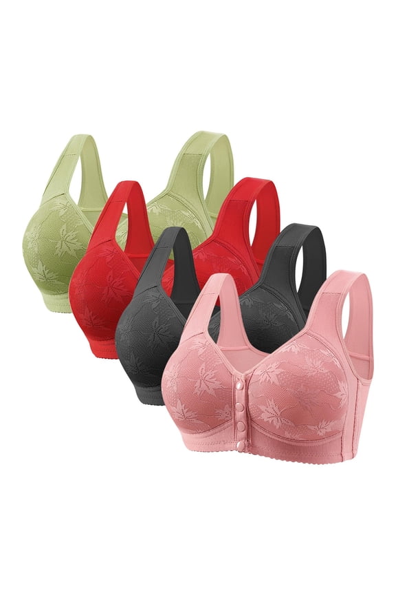 4 Pack Daisy Bras for Older Women, Seniors Wireless Front Closure Push Up Bras Plus Size Full Coverage Comforta Everyday Bra