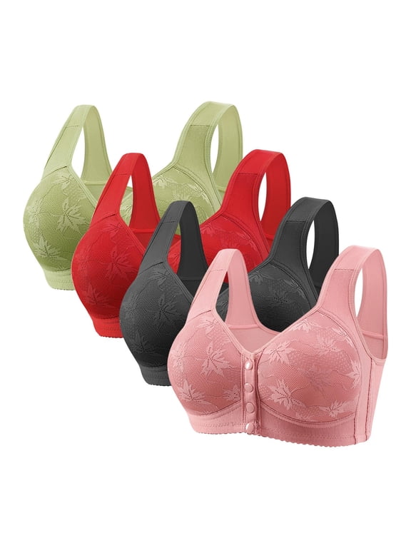 4 Pack Daisy Bras for Older Women, Seniors Wireless Front Closure Push Up Bras Plus Size Full Coverage Comforta Everyday Bra