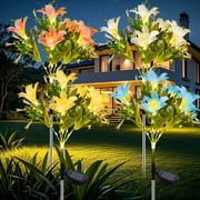 GLUAAE 4 Pack Solar Flower Lights Outdoor - 28 Lily LED Solar-Powered Garden Lights, Waterproof Pathway Lighting for Yard, Patio, Lawn Decor Yellow, Blue, White, Pink