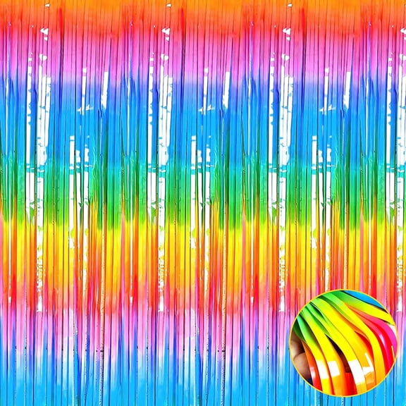 4 Pack Dark Rainbow Foil Fringe Curtain, Metallic Streamers for Multi-Occasion Party Decor