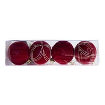 ​4-Pack Dark Red Velvet Flocked Christmas Ornaments with Pearl Accents - 3.15 Inch Premium Hanging Balls for Xmas Tree & Holiday Scene Decor D
