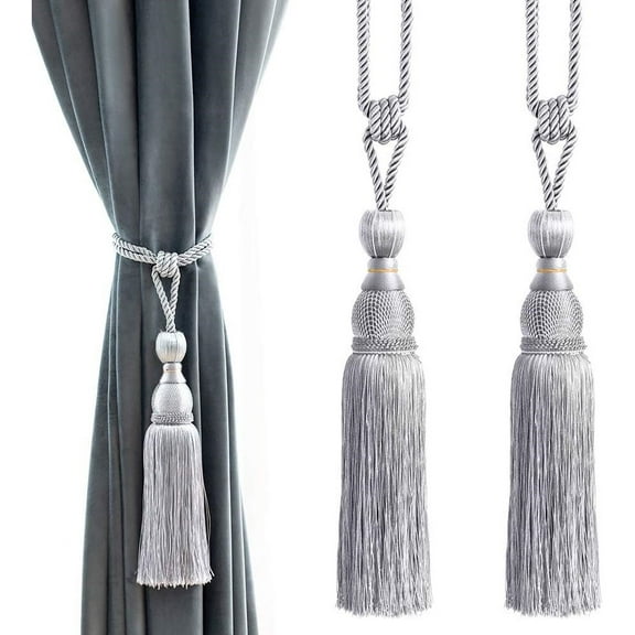 4 Pack Decorative Curtain Tiebacks Ball Tassels Holdbacks, Windows Drapery Fringe Ropes, Grey