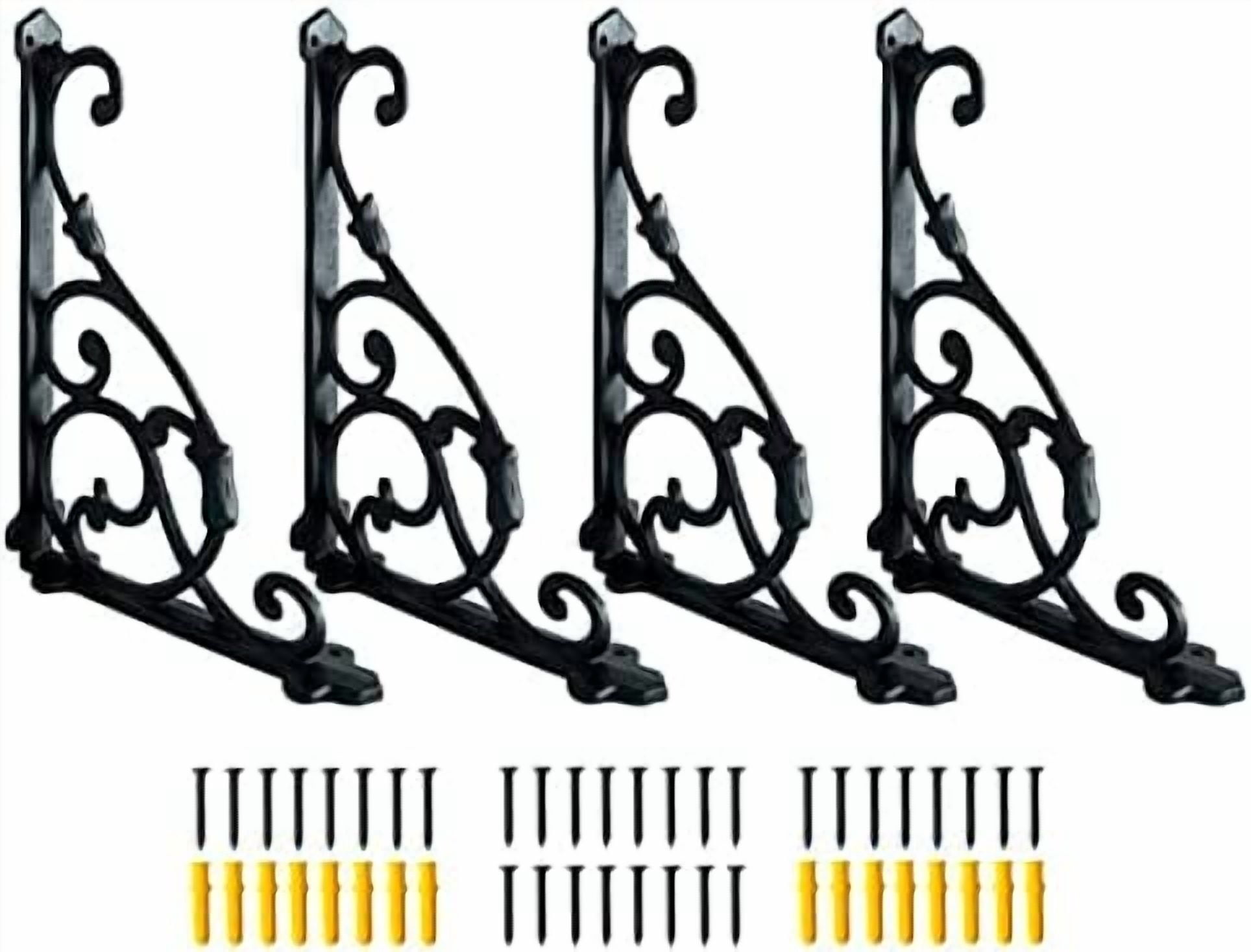 Ymaiss 4 Pack Decorative Shelf Brackets – 4.7x4.0 Inch Cast Iron L-Shape, Rustic Black Farmhouse Style, Heavy Duty With Screws & Anchors Included