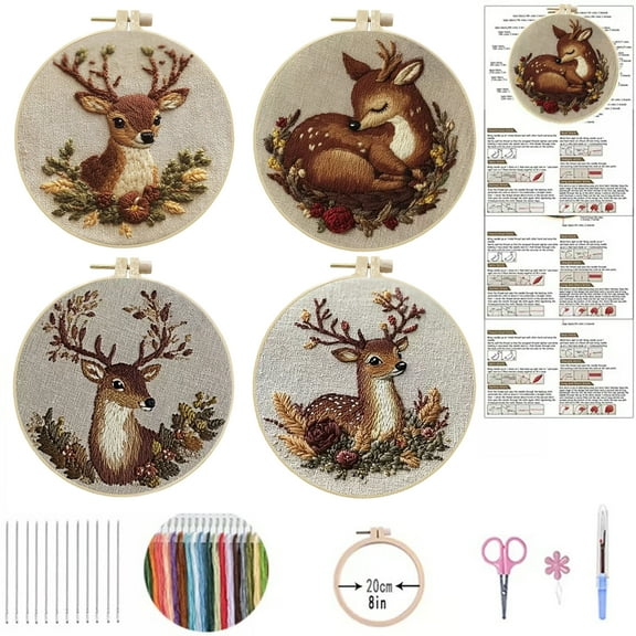4 Pack Deer Embroidery Kits for Adults Beginners Cute Realistic Fawn Needlepoint DIY Hoop Art Craft Set