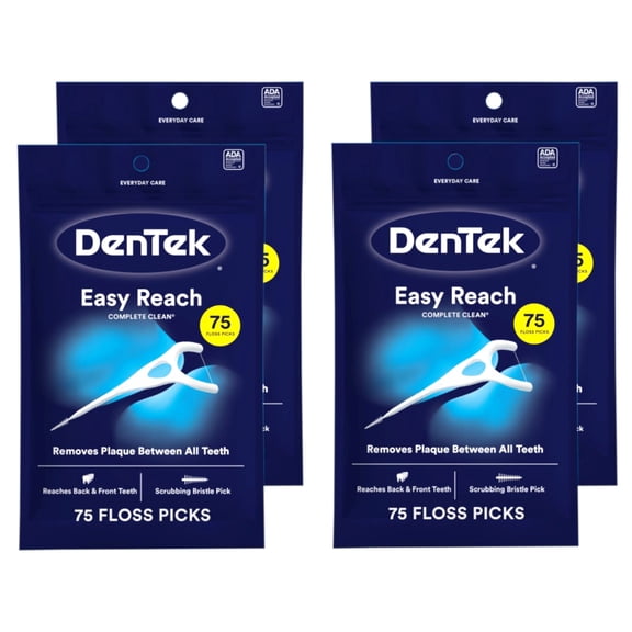4 Pack - DenTek Complete Clean Easy Reach Floss Picks, No Break & No Shred Floss, 75 Count