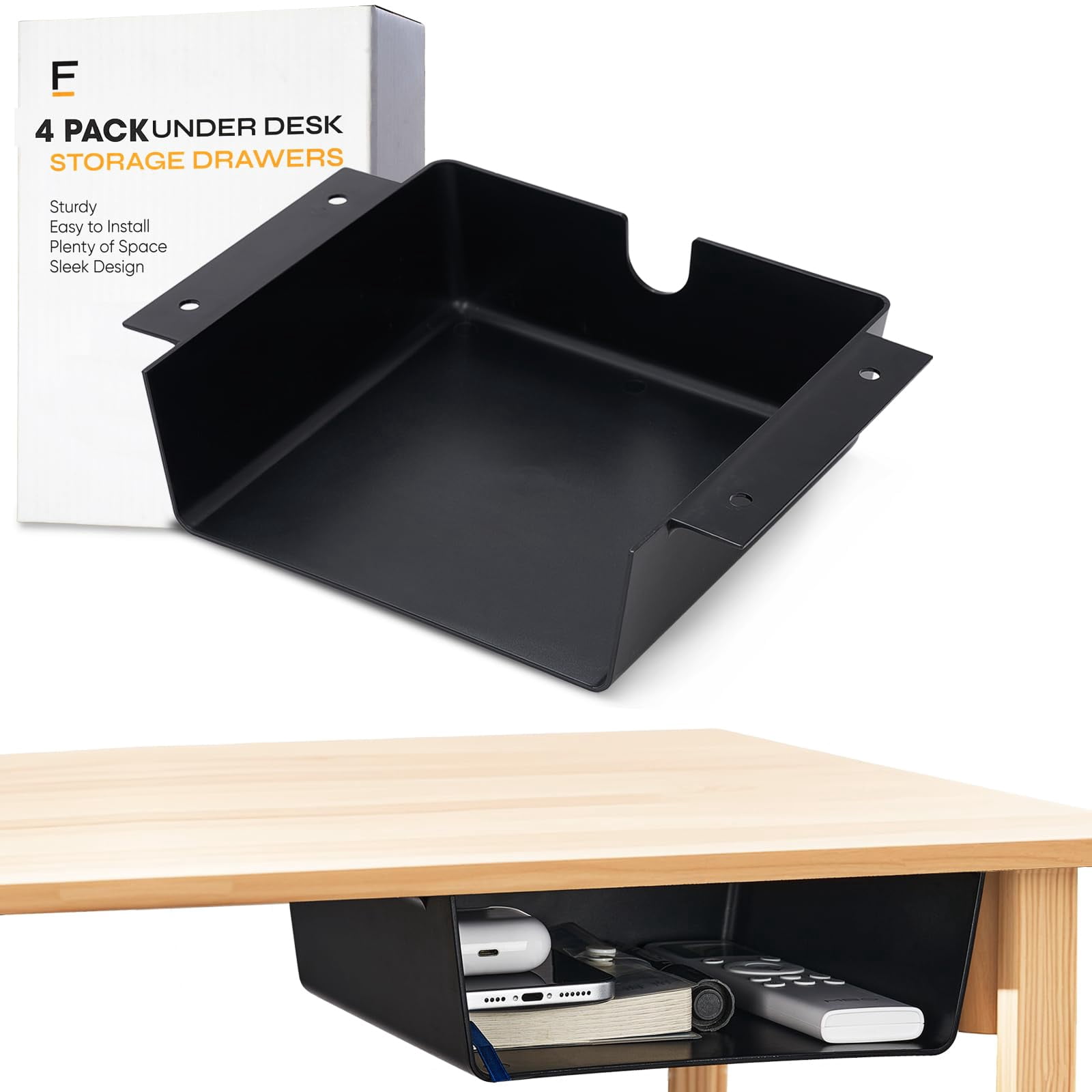 4 Pack Under Desk Hanging Shelf Drawer Organizer  Attachable Plastic Storage Tray Easy Adhesive Mount Holder For Standing Tables Office Counters Cabinets Workstations - Black