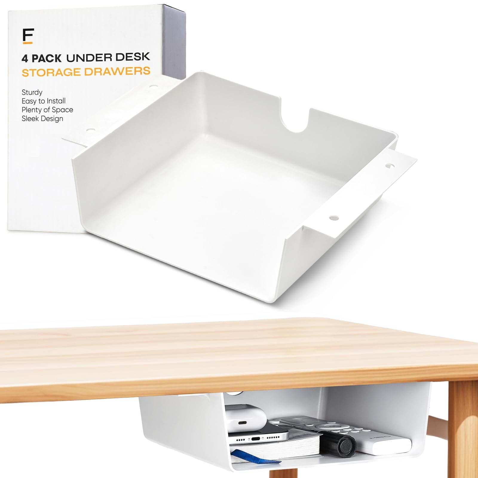 4 Pack Under Desk Hanging Shelf Drawer Organizer  Attachable Plastic Storage Tray Easy Adhesive Mount Holder For Standing Tables Office Counters Cabinets Workstations - White