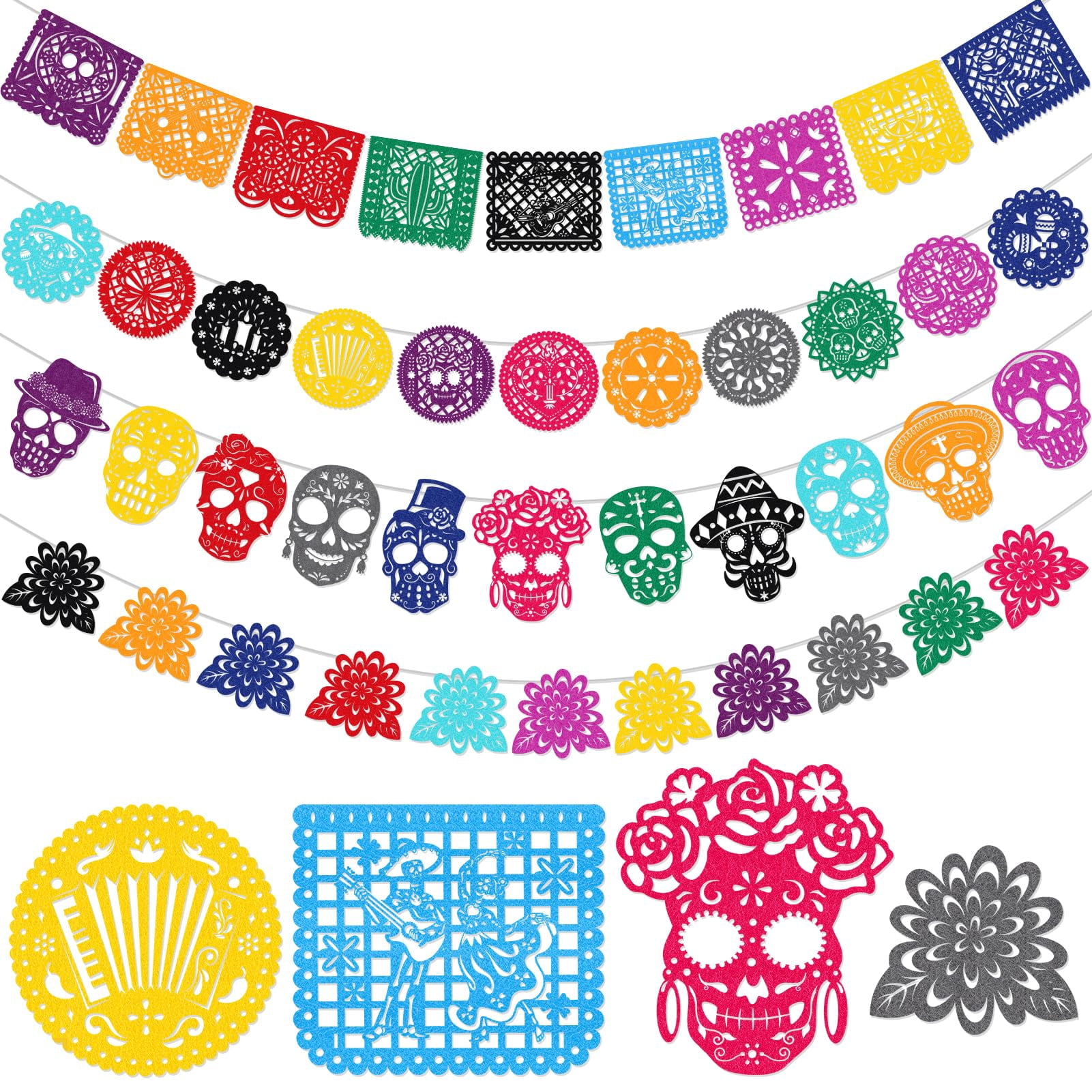 4 Pack Dia De Los Muertos Felt Banner Set Sugar Skull Marigold Altar ...