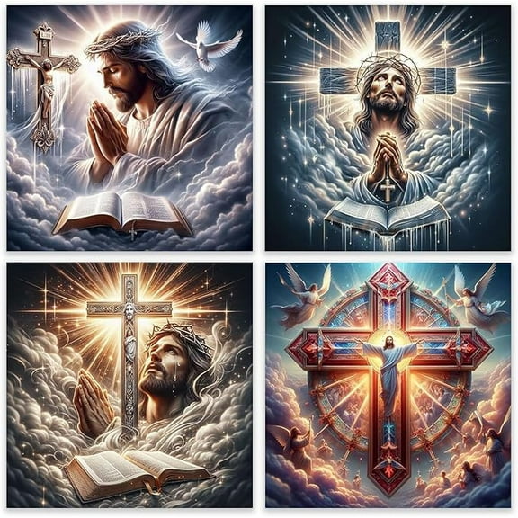 4 Pack Diamond Art Kits for Adults - Jesus 5D Diamond Painting Kits for Beginners,Cross DIY Gem Art Full Round Drill Diamond Dots Crystal Craft Kits for Gifts Home Wall Decor