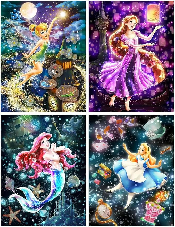 4 Pack Diamond Painting Kits for Adults, 5D Princess Diamond Art for Beginners, Full Drill Gem Dots for Home Wall Decor 12x16inch