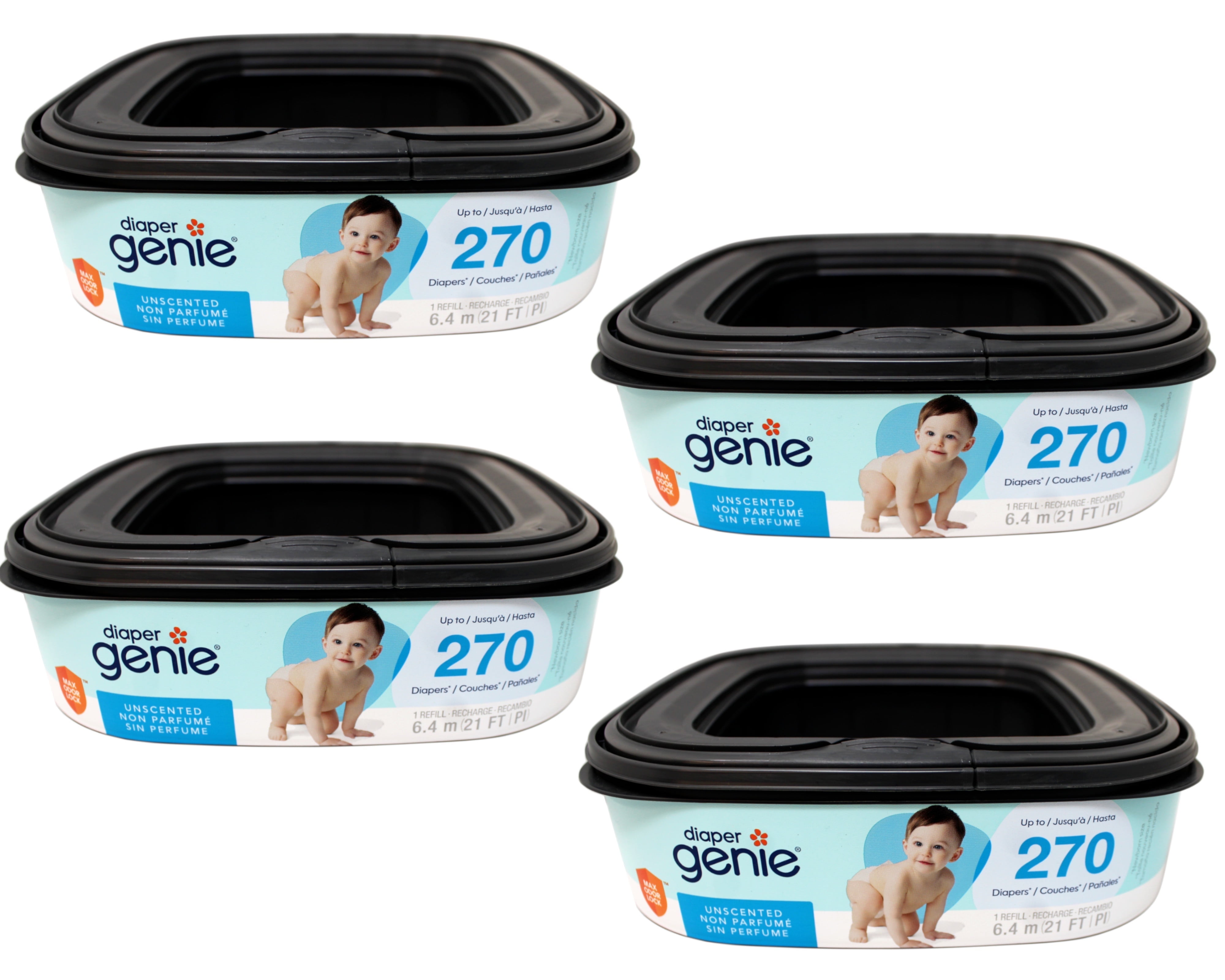 4 Pack - Diaper Genie Square Refill, can Hold up to 270 Newborn-Sized Diapers, Max Odor Lock, Unscented