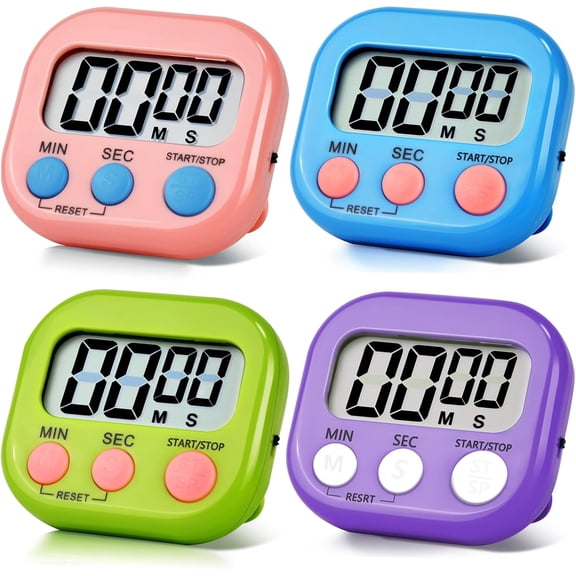 4 Pack Digital Kitchen Timer Magnetic Digital Timer with Big Display Loud Ring Cooking Timers for Kitchen Electronic Timer for Cooking, Game, Gym, Break Time, Classroom (Pink,Blue,Green,Purple, 4)