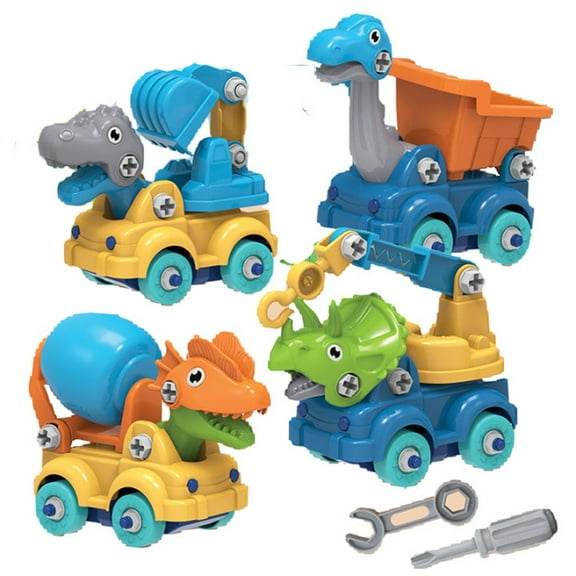 4 Pack Dinosaur Car Toys With Screwdriver Educational Stem Building Kit For Kids Nut Bolt Assembly Construction Vehicles Model Playset 0.79Lbs