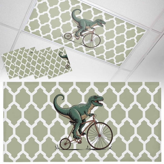 4 Pack Dinosaur Riding Bike Fluorescent Light Covers for Ceiling Lights Vintage Green Geometric Texure Magnetic Ceiling Light Covers Overhead Light Filters for Office Classroom Home