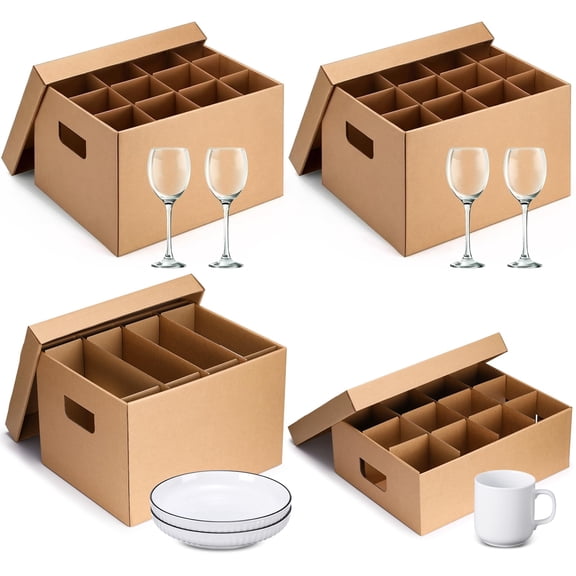 4 Pack Dish Wine GlMug Moving Boxes With Divider Kits Included 1 And 2 15 X 12 10 Inch  1 17 13 6 Kitchen Handle Packing Box For Glassware