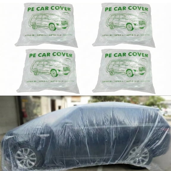 4 Pack Disposable Car Cover, Clear Plastic Car Cover, Universal Rain Dust Garage Cover with Elastic Band(12.4FT x 21.6FT)