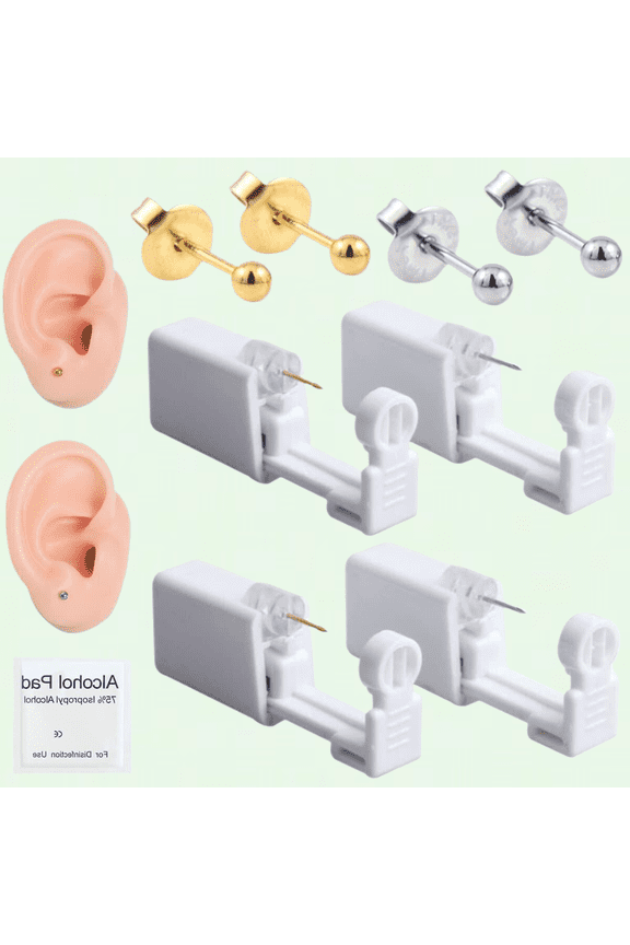 4 Pack Disposable Ear Stud Gun Kit, Painless and Aseptic Ear Piercing Tool for Men, Women, and Girls - Silver Gold