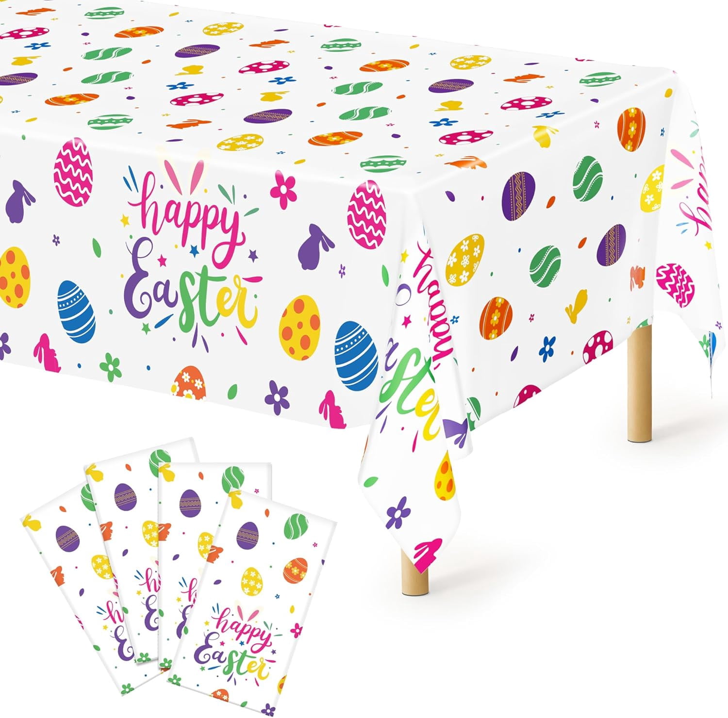 4 Pack Disposable Easter Tablecloth, 54 x 108 Inch Rectangular Easter Table Cloth, Spring Table Cloth with Colorful Eggs Floral Design, Happy Easter Tablecloths for Easter Decorations Holiday Decor