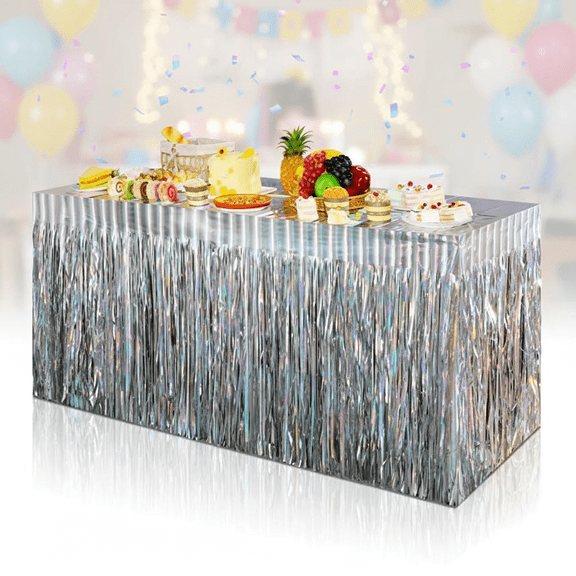 4 Pack Disposable Metallic Foil Fringe Table Skirts, Iridescent Laser Rainbow Tinsel Decor for Rectangle Tables, Perfect for Birthday Wedding Holiday Party Decorations, 29x108 Inch