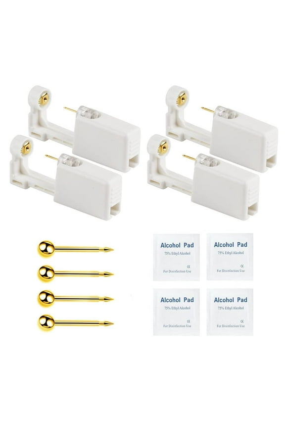 4 Pack Disposable Self Ear Piercing Gun, Ear Pearcings Kit with 3mm Silver Black Gold Ball Earring Studs,Safety Ear Piercing Gun Kit Tool (Gold)