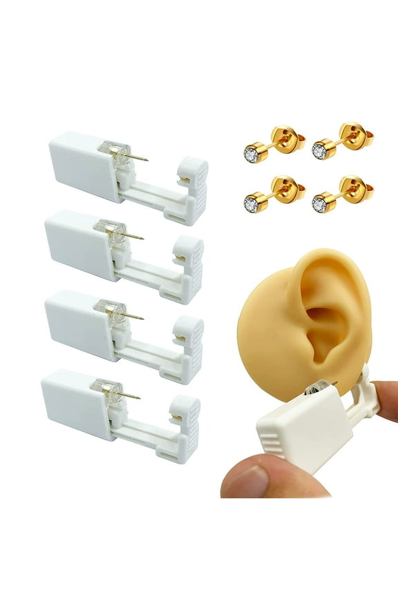 4 Pack Disposable Sterile Ear Piercing kit, self piercing earrings Gun,A fun at home piercing kit (Gold)